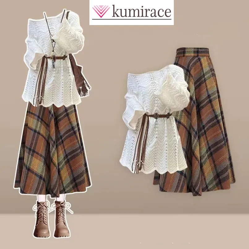 

Spring and Autumn New Korean Style Fashionable Hollow Top+Design Inspired Half Length Skirt Two Piece Set