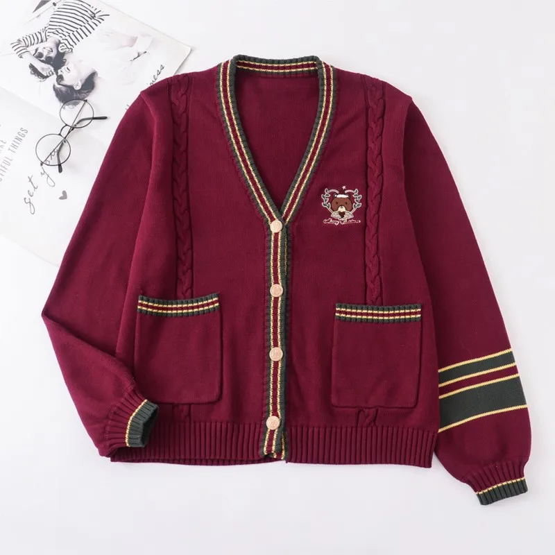 Christmas Bear School Uniform Knit Sweater Embroidery Jk Japanese Style Sailor Suit Plaid Pleated Skirt Women Anime COS Costume