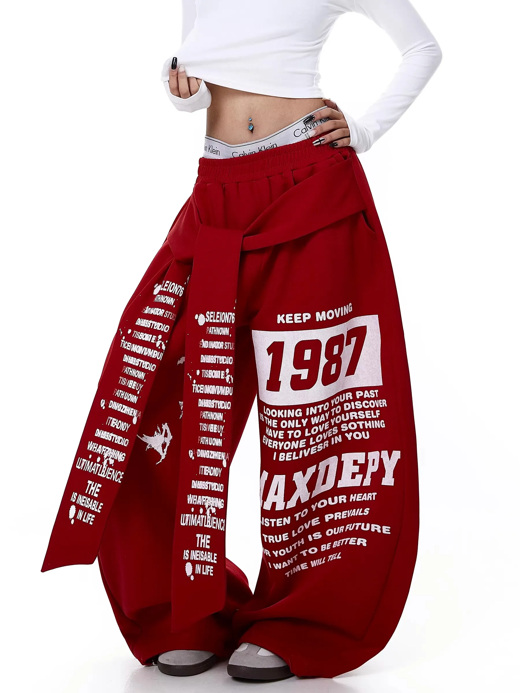 

Loose Wide Leg Pants Women's Spring Autumn New Style Jazz Dance Loose Pants Trendy Letter Print Belted Layering Knife Sw...