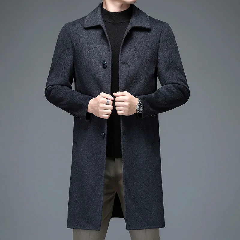 Quiet Luxury Men Woolen Blend Overcoat Black Navy Gray Warm Cashmere Coat Back Split  Winter Autumn British Style Garment OOTD