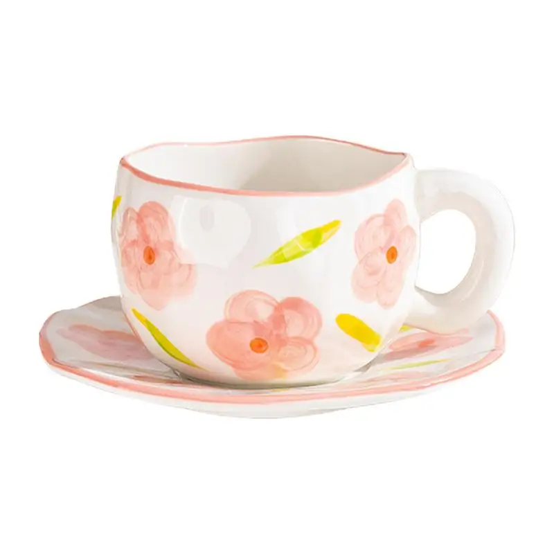 Tea Cup And Saucer Set Smooth Cup & Saucer Sets Flower Coffee Mug Sets Cute & Creative Design With Wide Cup Body