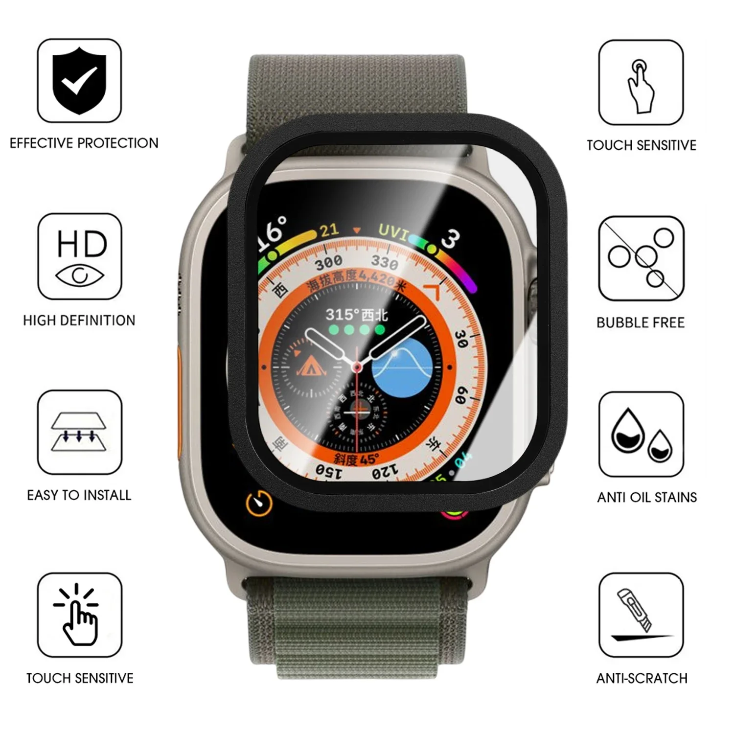 ل iWatch Ultra Ultra2 Ultra3 49 مللي متر Smartwatch الزجاج المقسى واقي للشاشة إطار معدني ممتص للصدمات طبقة حماية