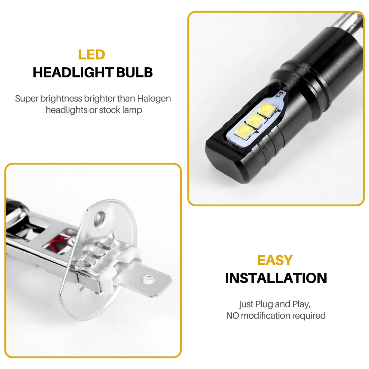 Kit de lâmpada de farol LED branco super brilhante, feixe alto, 6000K, 6000LM, DRL, 2 pcs