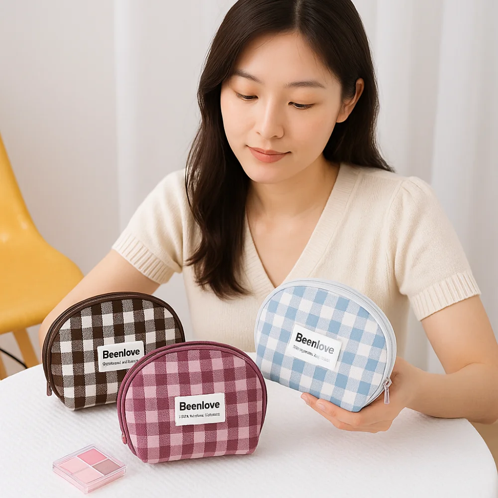 

Lattice Semicircle Cosmetic Storage Bag with Zipper Mini Handheld Makeup Bag Korean Style Large Capacity Women Clutch Bag Home