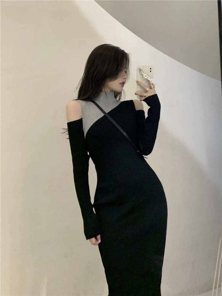 Colorblock Knit Turtleneck Women\'s Dresses Over The Shoulder Female Dress Crochet New Features of Luxury Beach Cotton Clothing