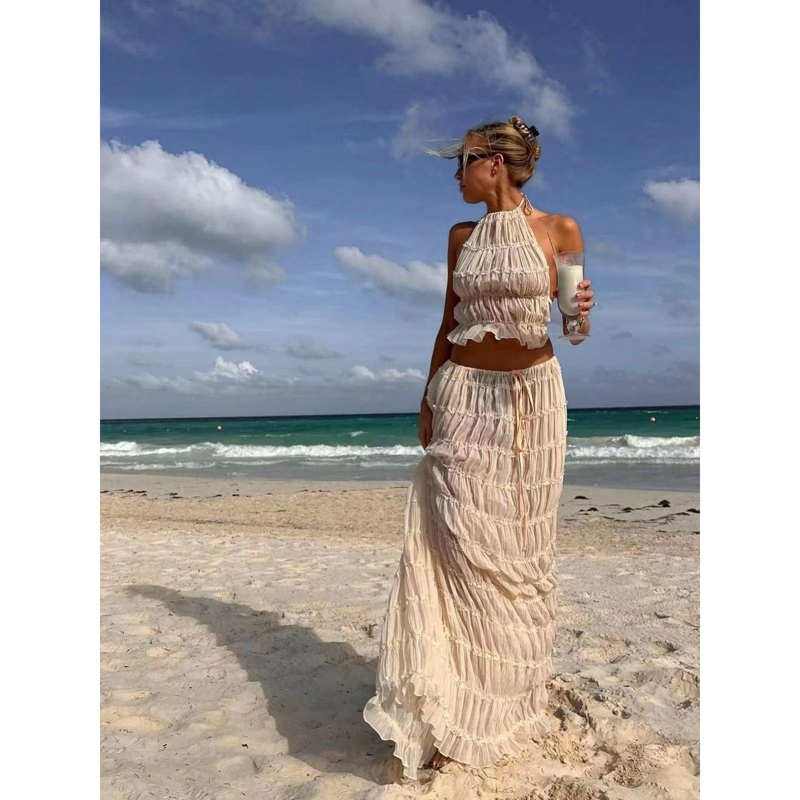 Summer New Arrival Backless Neck Hanging Strap Drawstring Chiffon Pleated Long Dress Two-Piece Set Women's Fashion Dress