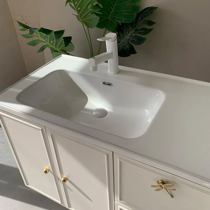 PYH light cream wind bathroom cabinet ceramic integrated basin of the same style half wall pull basket