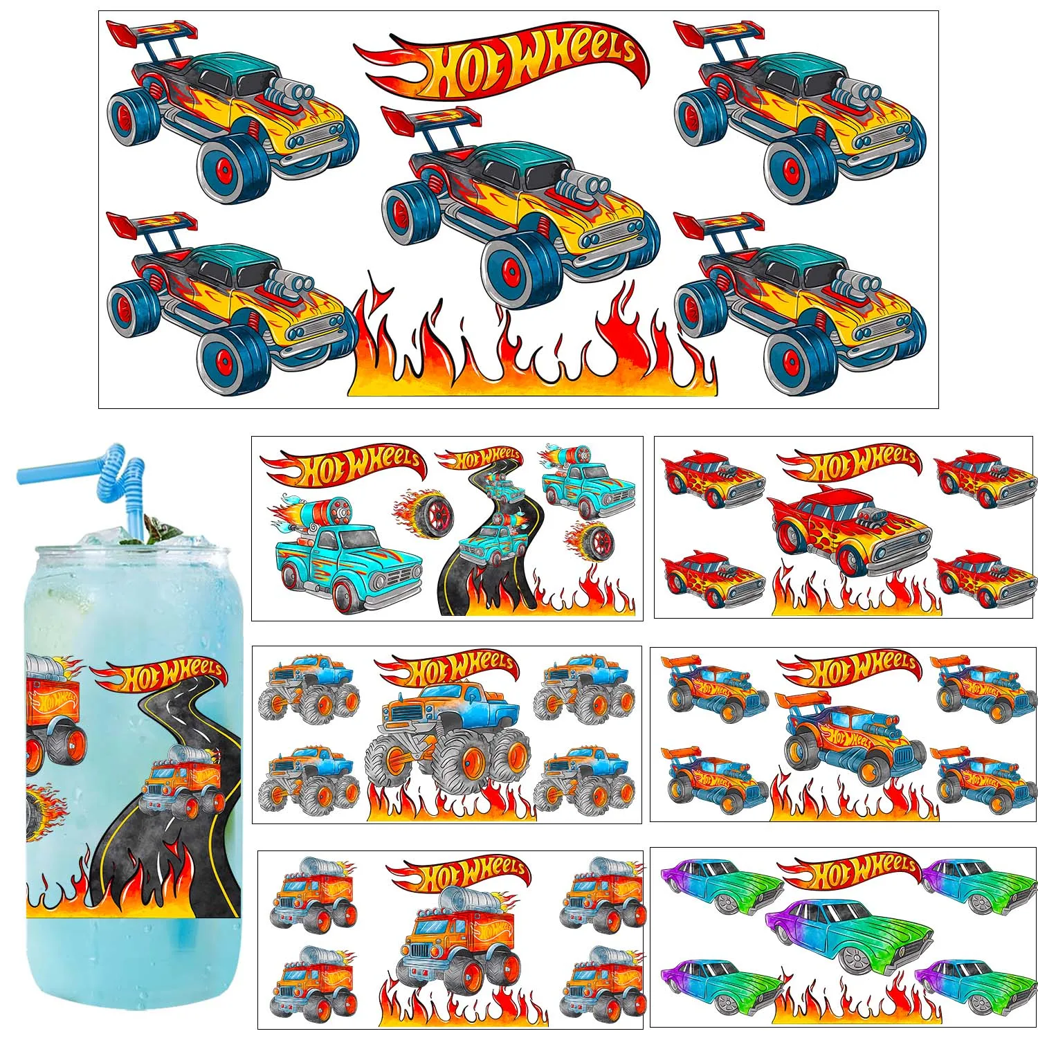Boy Car Toys series easy peel waterproof Party DIY Decals 3D transfers uvdtf tumbler seal stickers 16oz uv dtf cup wraps