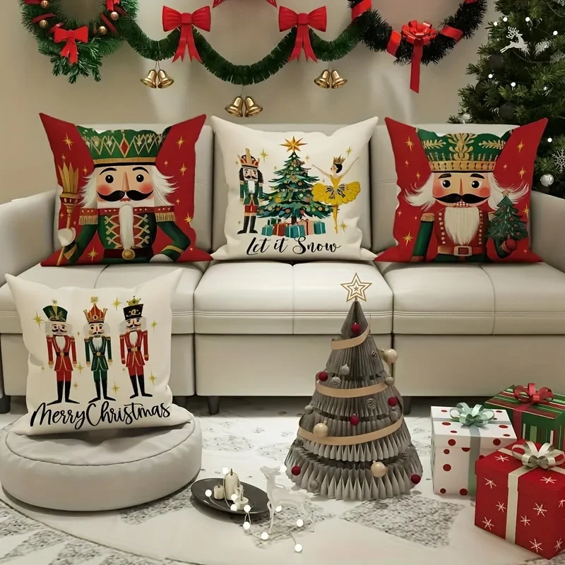 Set of 4 Nutcracker Christmas Pillow Covers, Holiday Decor, Zipper Closure, Machine Washable Polyester, No Insert