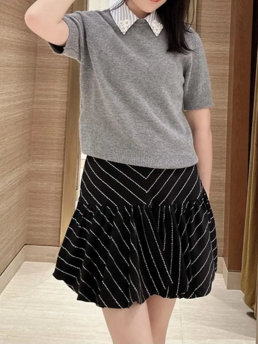 

Flower Decoration Women Knitted Pullover Spring 2026 Color Patchwork Turn-down Collar Short Sleeve Casual Sweater