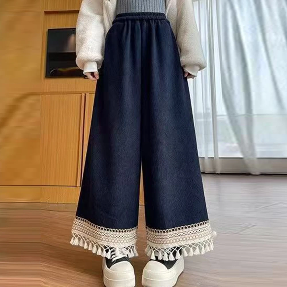 Fleece and thickened corduroy wide-leg pants women's winter new high-waisted thin loose-fitting fringed casual nine-point pants