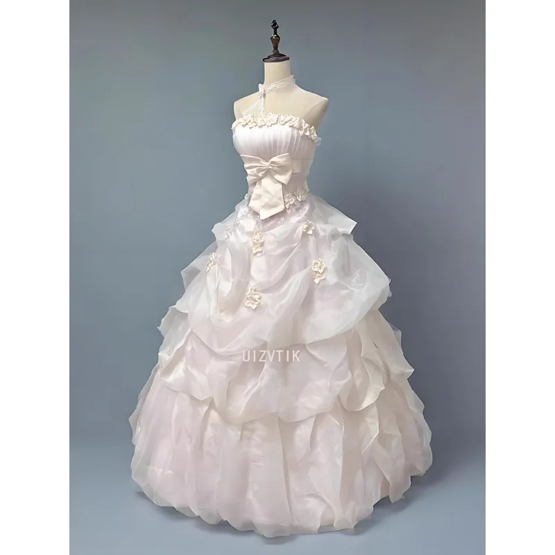 Vestidos de novia de color rosa claro de lujo para mujer, vestidos de novia con lazo y apliques sin tirantes, vestido de fiesta de noche elegante hasta el suelo 2025