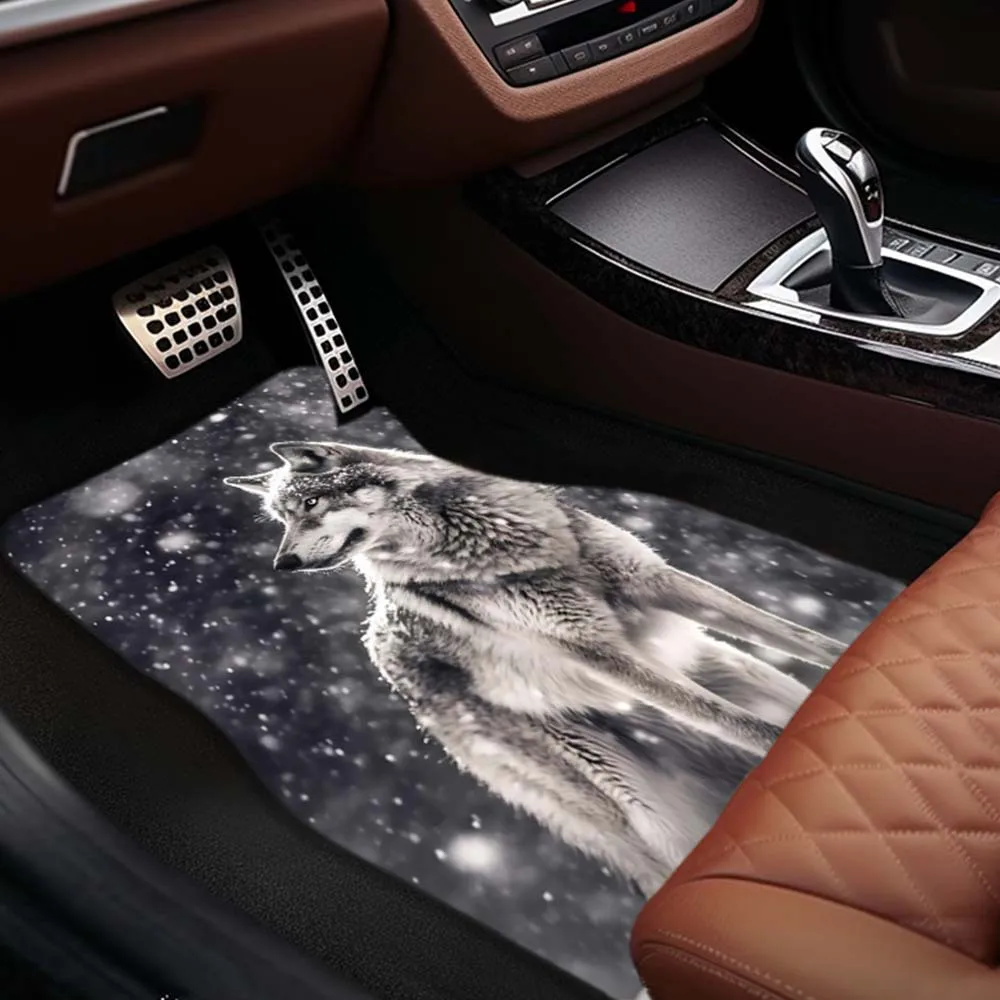 1pc/2pcs/4pcs Polyester Snow Wolf Printed Car Floor Mats Front & Rear Protector Floor Pads, Auto Interior Accessories, For Auto,