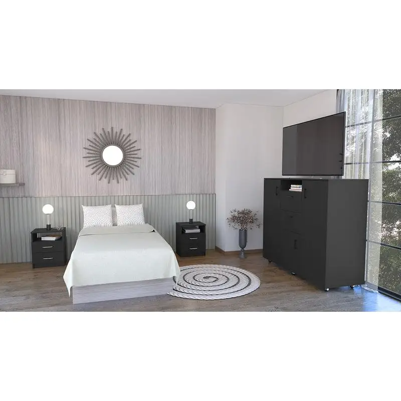 3-Piece Bedroom Set: Double Door Cabinet Dresser & 2 Nightstands, Black Finish