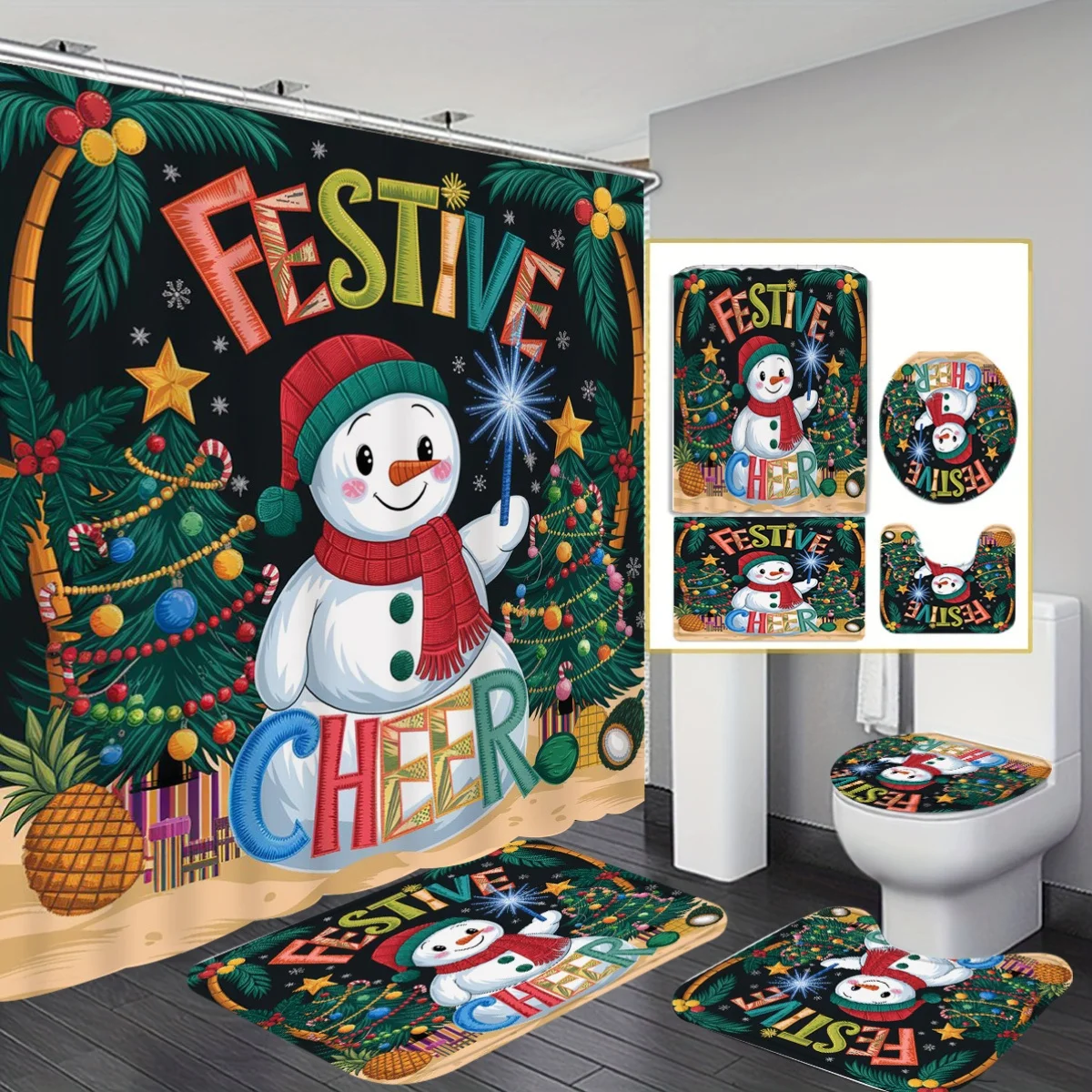 

Рождественский комплект занавесок для душа - водонепроницаемая занавеска для ванны, нескользящий коврик, U-образное сиденье для унитаза и крышка для праздничного декора ванной комнаты