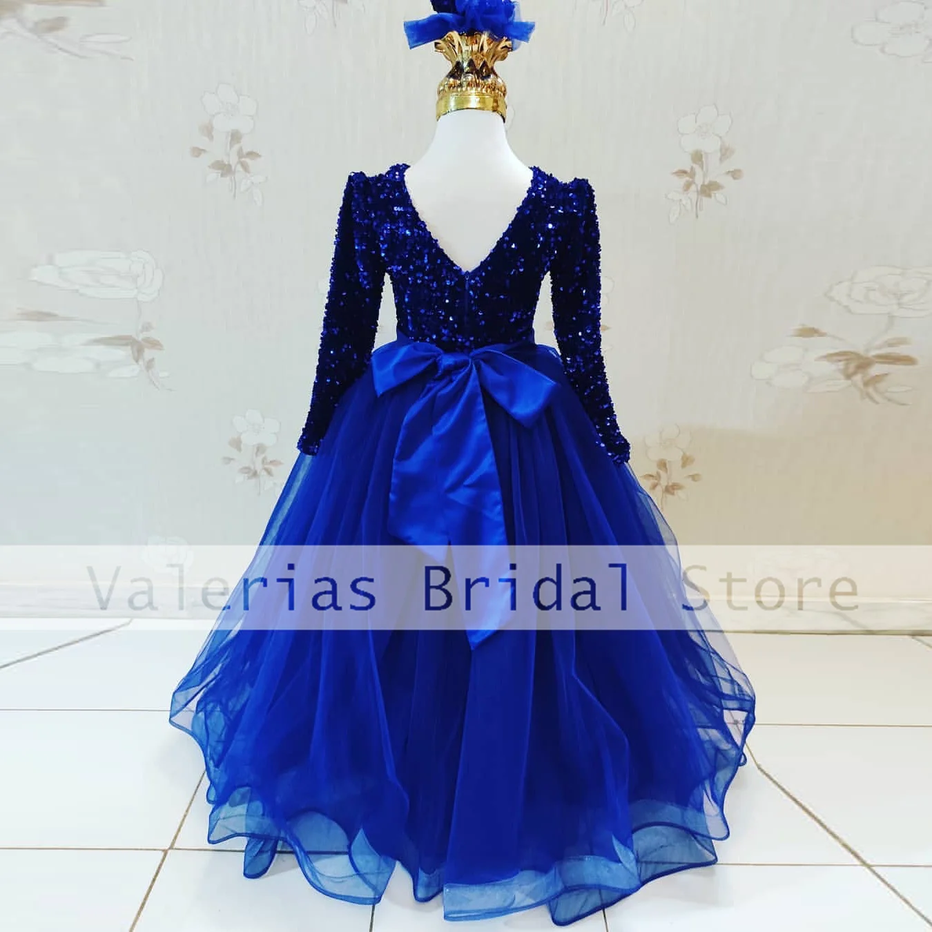 

Sparkly Blue Flower Girl Dress Sequined Bow Wedding Party Princess Ball Gown Elegant Baby's Birthday Feast Long Sleeve Dresses