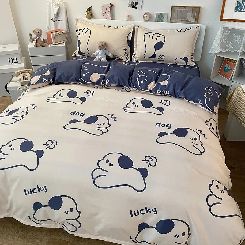 Set letto stampato orso Kawaii Copripiumino floreale Set biancheria da letto federa Set biancheria da letto per cani carino Copripiumino Completo