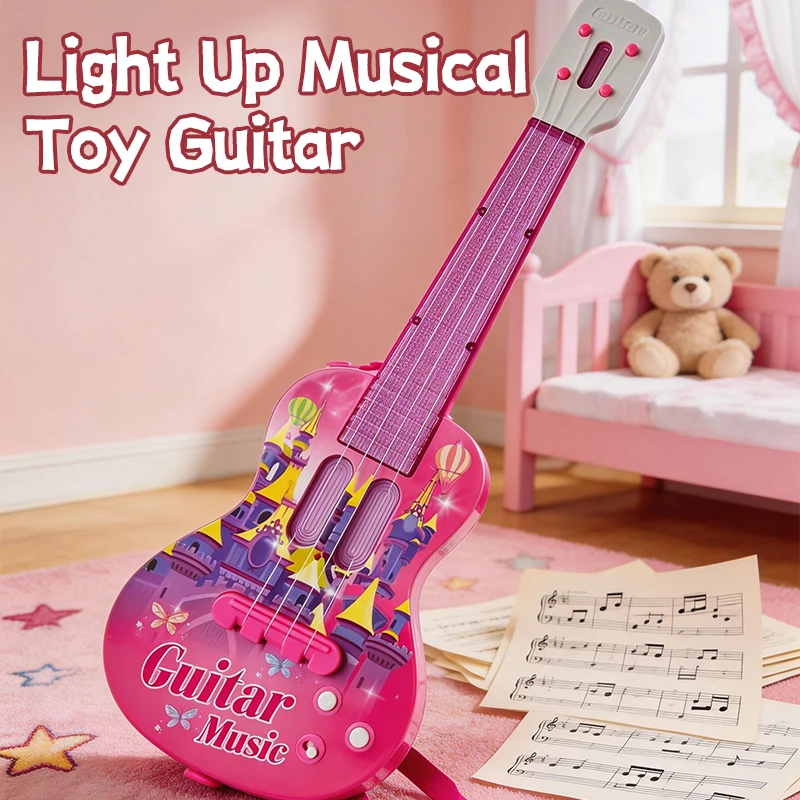 

Kids Musical Toy Guitar with Microphone 2-in-1 Pretend Play Instrument Set Light Up Keys Early Learning Educational Gift for Tod