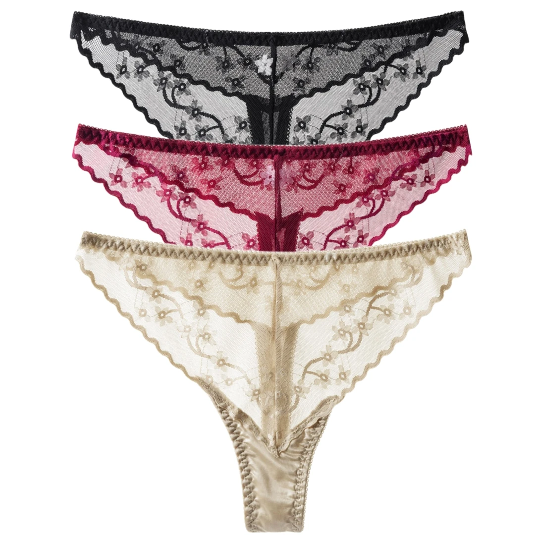 High Elastic Combination Printed Lace Sexy Girl T Breathable Women Thong Quick-drying 3 PCS Underwear Low Waist Ice Silk
