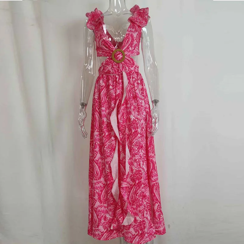 Long Pleated Slit Fashion Party Dress Sexy Sleeveless Ankle-Length Women Dress 2024 Women New Elegant Printed Deep V-Neck Dress