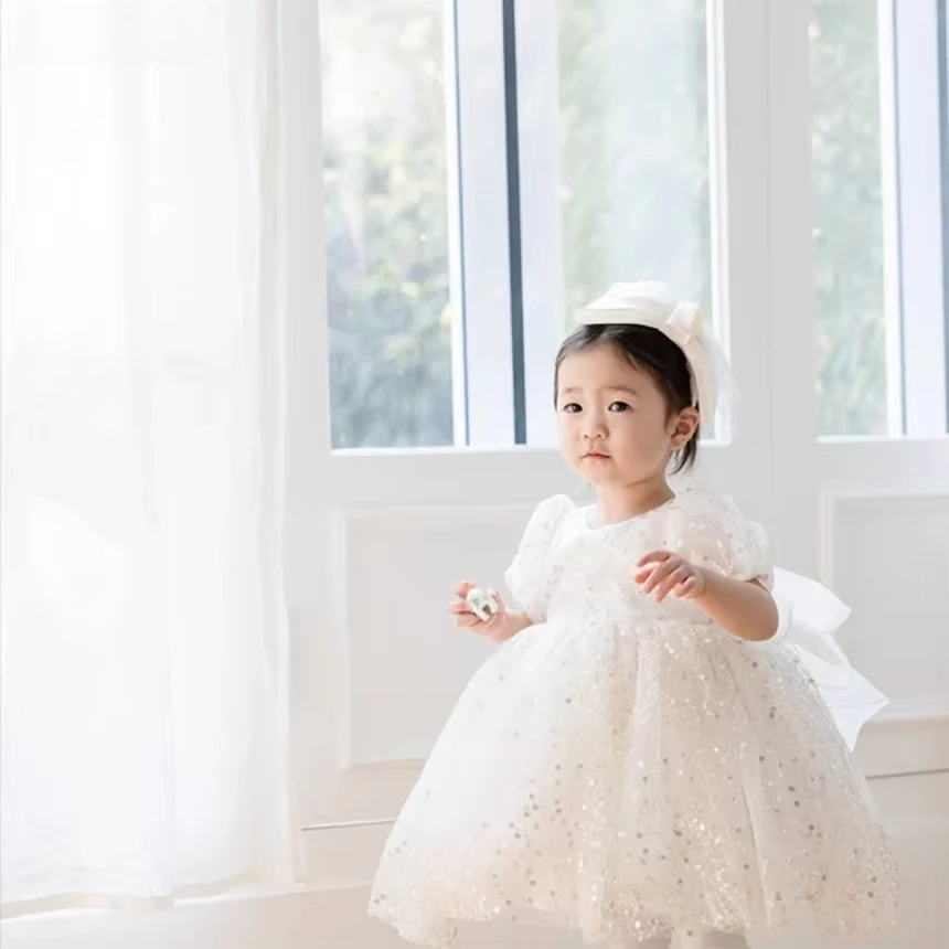 

Белое свадебное платье-пачка для девочек, элегантное платье принцессы для девочек-цветочниц, платья для дня рождения, детские платья принцессы с блестками