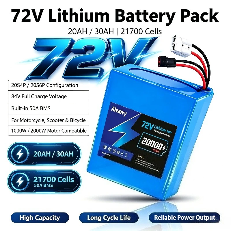72V Battery 20S4P 20AH 20S6P 30AH 84V 21700 Lithium Battery Pack for Motorcycle, Scooter, Bicycle 1000W 2000W Motor with 50A BMS