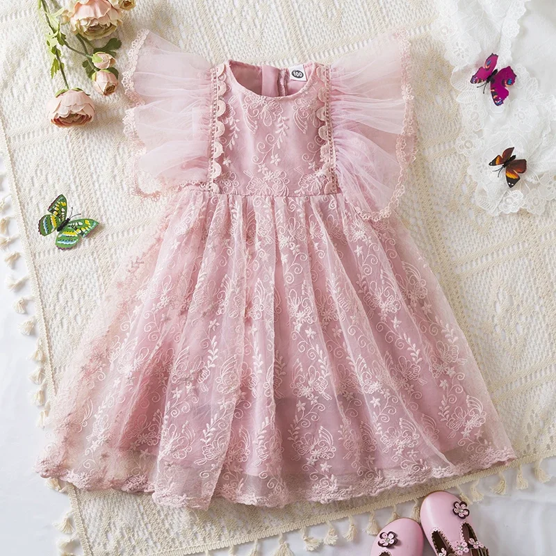 Little Girls Summer Flower Lace Dress Ruffles Sleeve Solid Clothes 2024 New Children Birthday Party Princess Dress for Girl 3-8Y