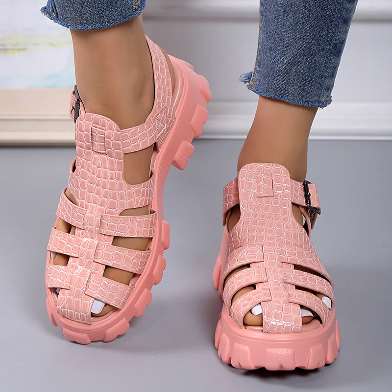 Summer Fashion Gladiator Women Narrow Band Cross-tied Platform Square Heel Peep Toe Rome Design Sexy Mature crocs feminino