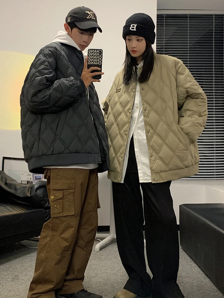 

Diamond Pattern Winter Jaet Men's Oversize Cotton Baseball Pilot Coat Couple's Outfit Loose Fit Youth Faion Casual