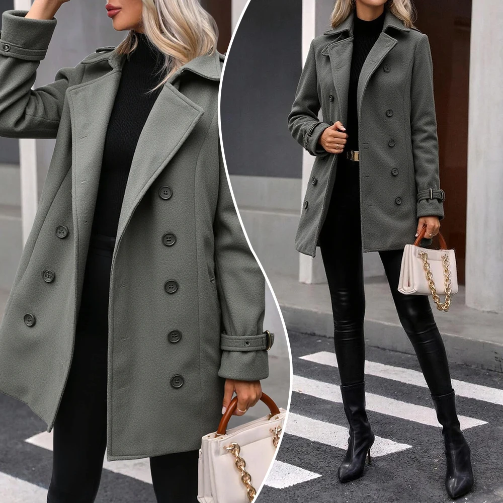 

Streetwear Women Jackets Lined Double-breasted Ladies Loose Overcoat Elegant Lapel Solid Pocketed Coats For Autumn Spring
