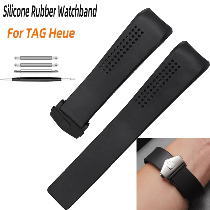 20mm 22mm Classic Curved End Black Silicone Rubber Folding Clasp Strap For TagHeuer Carrera watch band  With Buckle With tool