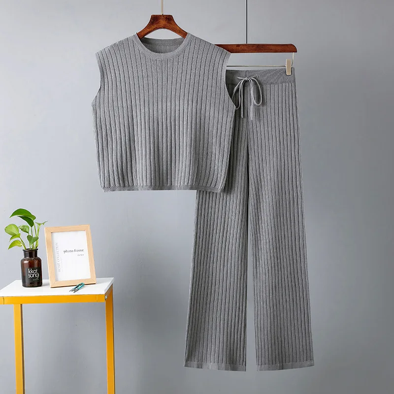 Autumn Pullover Women\'s Pajamas Set Oversized Two Piece Set Sleeveless Sleeve Sweater Wide Leg Pants Suit Casual Female Outfit