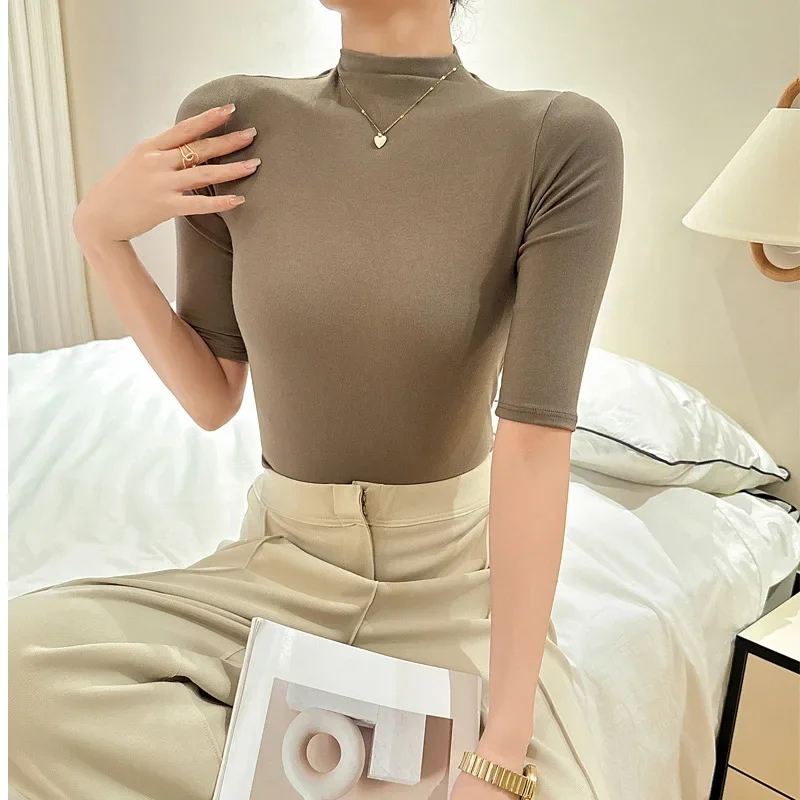 Women Plus Size Modal Half Turtleneck Short Sleeve T-Shirt Korean Style Inner Wear Base Top