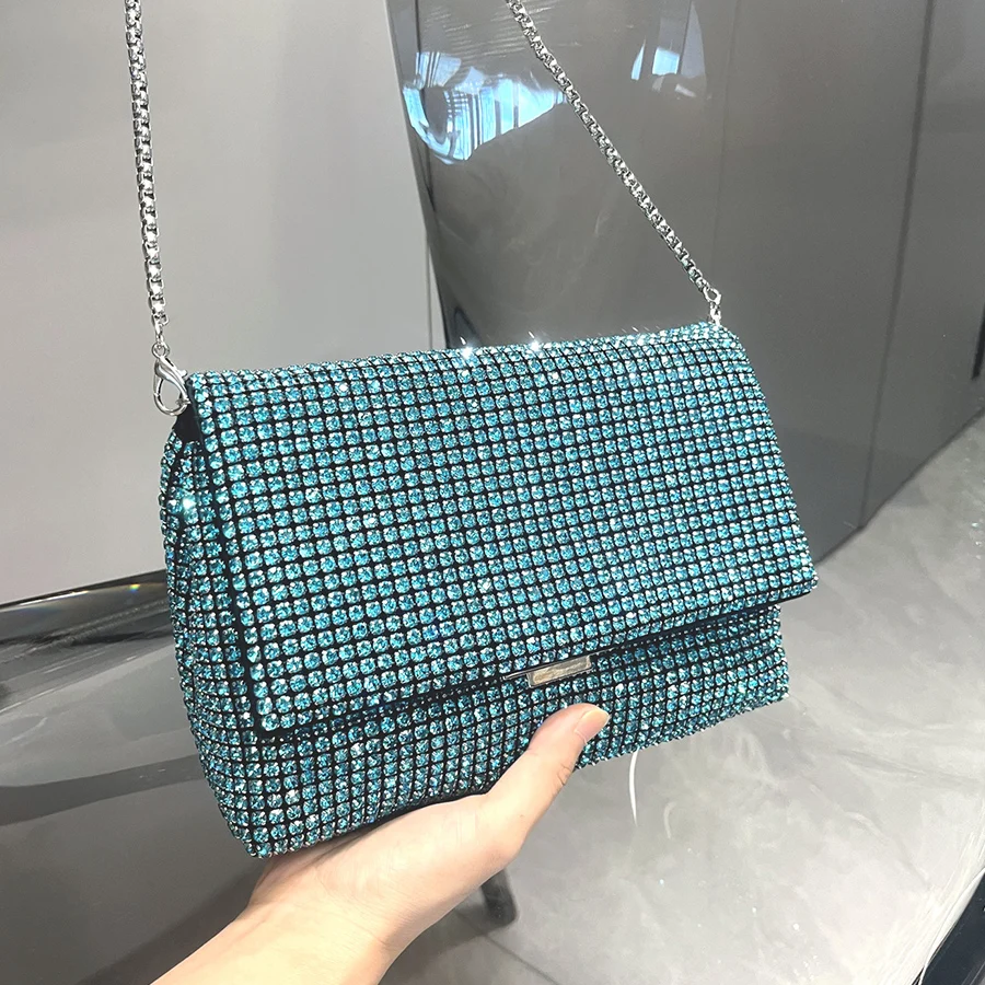 

Full Rhinestone Crossbody Chain Bag Simple Shiny Commuter Flap Shoulder Underarm Bag Evening Clutch Bags Envelope Purse Handbags