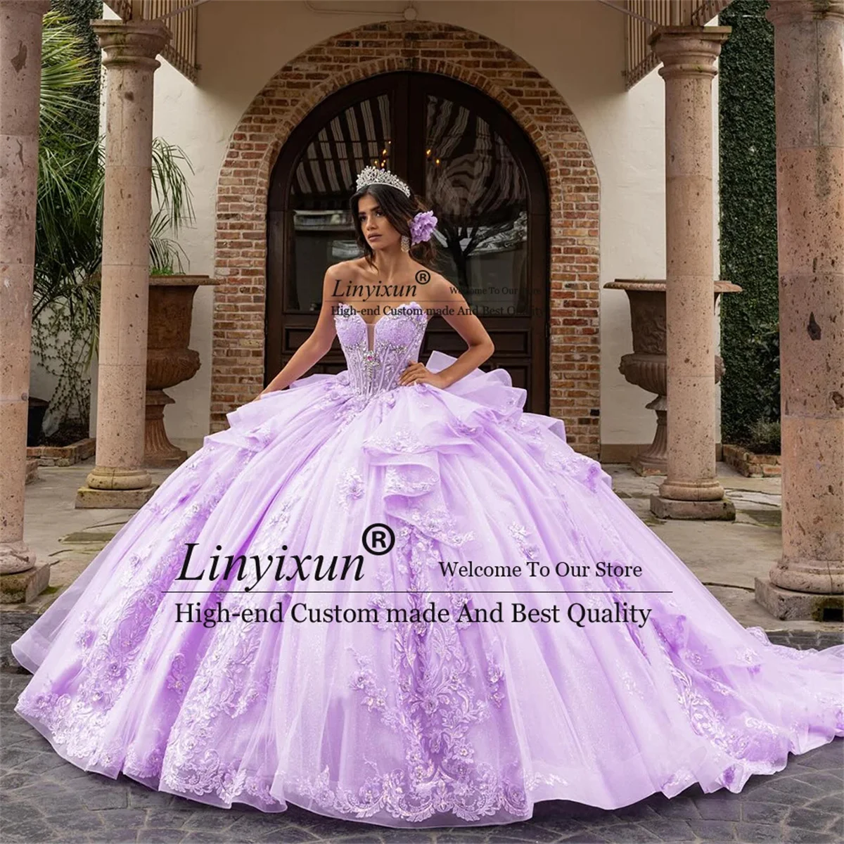 3D 꽃 레이스가 있는 공주풍 퀸시에라 드레스, 생일, 스위트 16, 맞춤형 러플 티어드 베스티도스 데 15, XV 아녜스