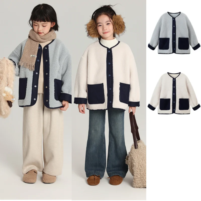 

Пальто для девочек, Новое поступление зимы 2024, белое модное детское пальто из овчины с круглым вырезом, теплая куртка-кардиган из чистого хлопка для девочек