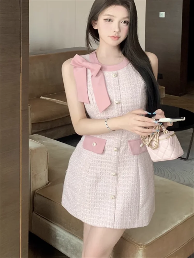 

Celebrity Lady Elegant Short Pink Bow Birthday Party Dress Fashion Single Breast O Neck Sleeveless Bodycon Mini Tank Vest Dress