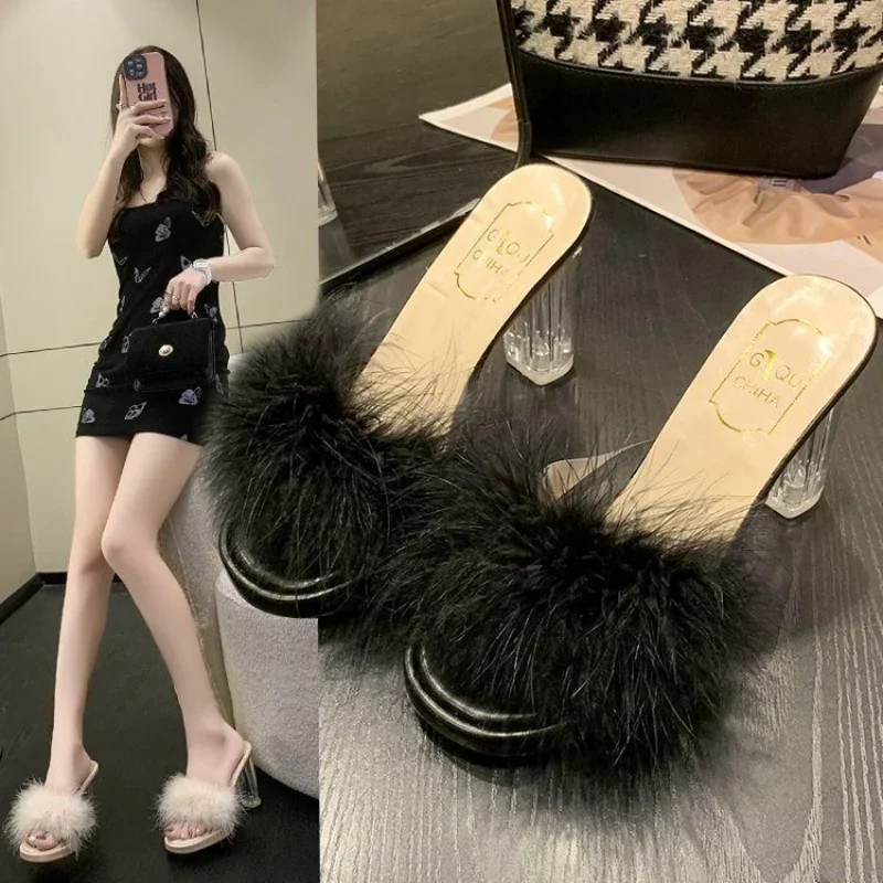 Fluffy Shoes Women\'s Slippers and Ladies Sandals Job Slides Heeled Sexy Furry Transparent Outside Open Toe Unique Easy Wears B Y