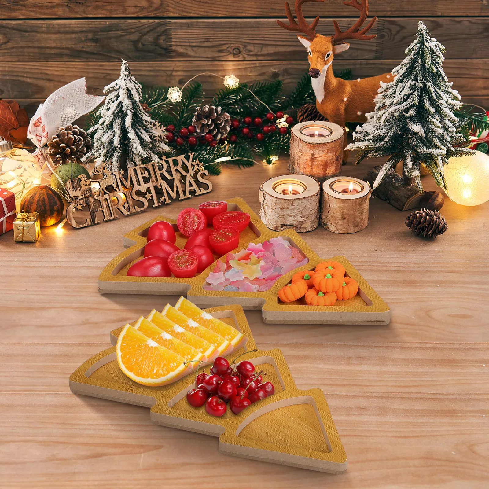 

2 шт. деревянное сервировочное блюдо в форме рождественской елки с несколькими отделениями, праздничный поднос для закусок для десертов, сухофруктов и орехов, вечерние