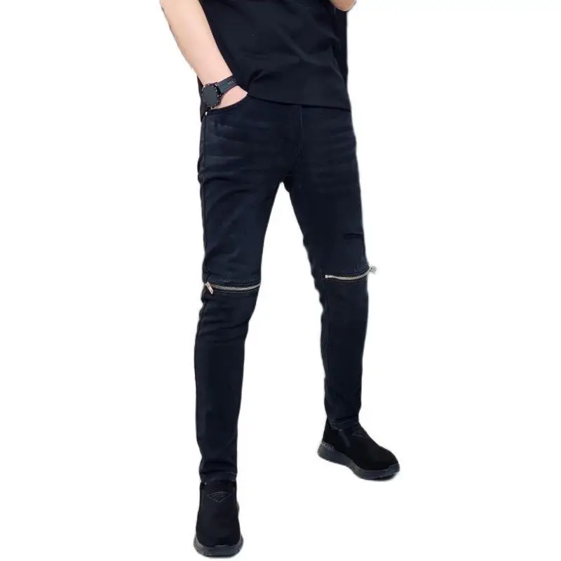 New Arrival Trendy Stylish Black Denim Slim Jeans kpop Men\'s Casual Spring Autumn Zipper Distressed Designer Luxury Pants Male