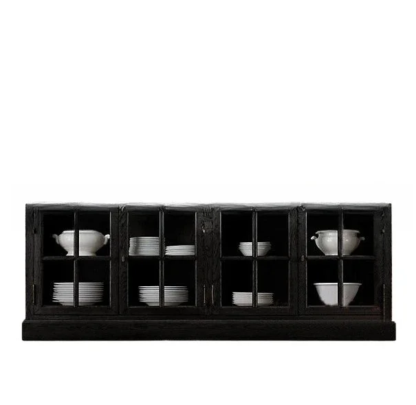 

American solid wood dining side cabinet, old oak dining room with furniture, retro four-door sideboard, storage cabinet