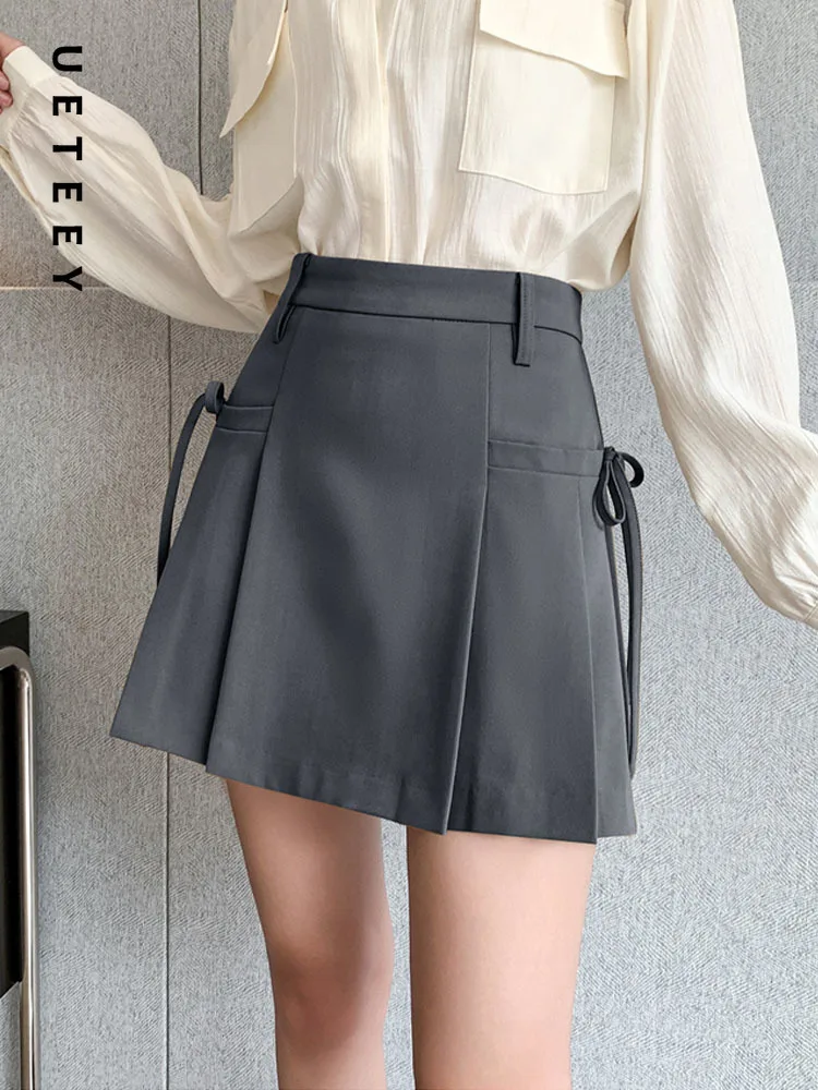 UETEEY Pleated Skirt for Women Lace Up Spring Summer 2024 Korean Fashion High Waisted Skirt Y2k Chic Gray Black Mini Skirts