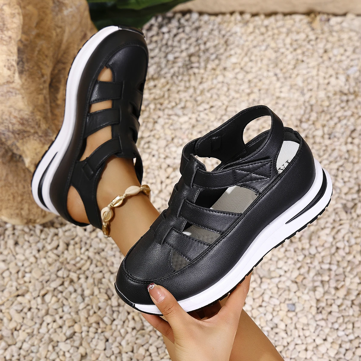 

Fashion Baotou Hollow Wedge Platform Women's Shoes Summer Casual Height Increasing Sandals Roman Shoes Sandalias De Mujer