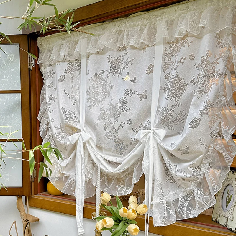 Romantic Rose Ruffle Curtains Translucent Lace Adjustable Curtains Bedroom Café Kitchen Balcony Windows Half Curtains