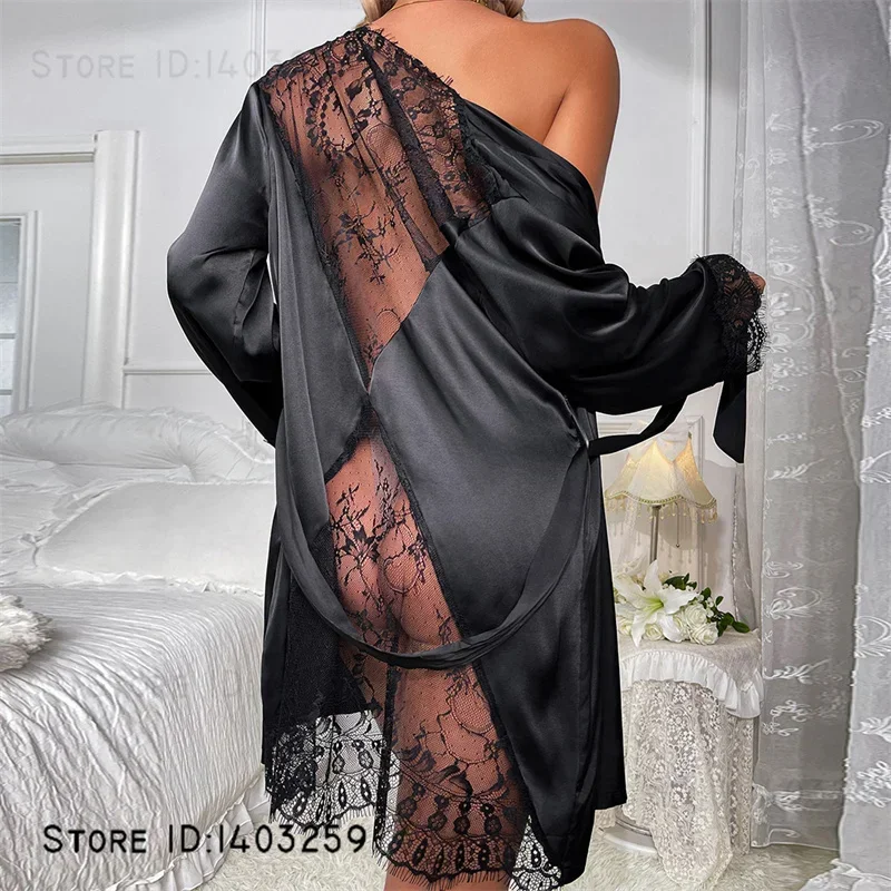 

Sexy Women Robe Patchwoek Perspective Lace Night Dress Intimate Lingerie Summer Bathrobe Gown Loose Satin Homewear Loungewear