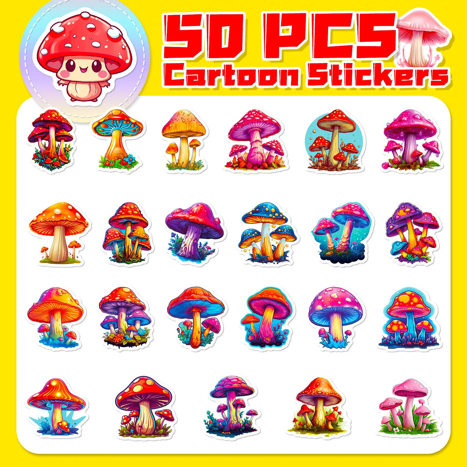 50pcs Ins Style Cartoon Mushroom Series Graffiti Stickers for Laptop Helmet Desktop Decoration Stickers DIY Toys