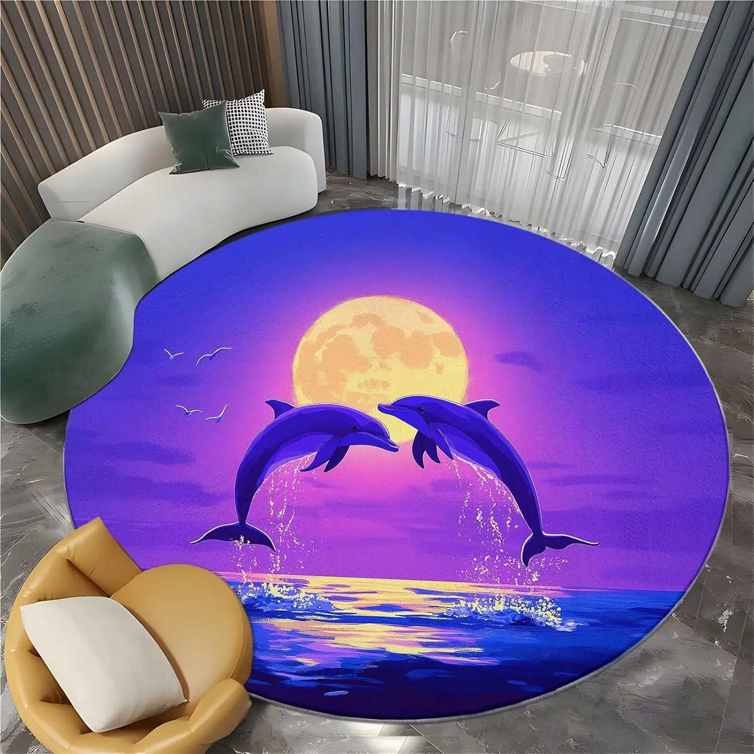 

Fantasy Cartoon Dolphin Print Round Area Rug, Wave Moon Washable Circular Carpet Runner - Non Slip Circle Rug Carpet Absorbent