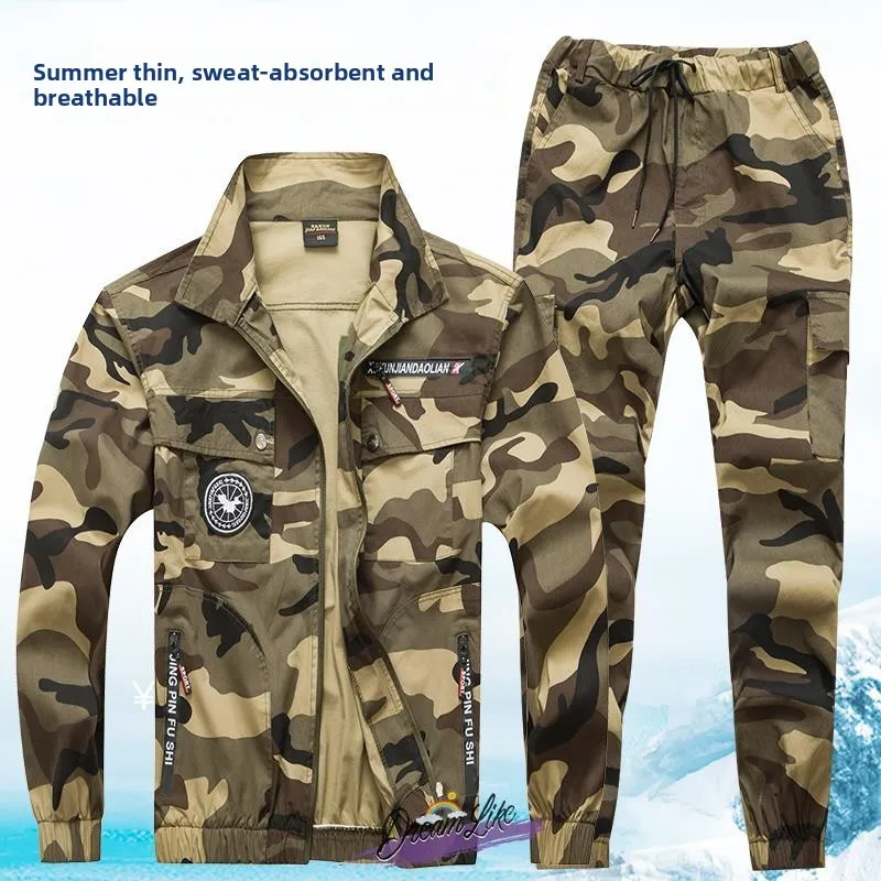 

Spring Summer Men's Pure Cotton Thin Camouflage Workwear Set Anti-Flame Welding Automobile Repairing Construction Si...