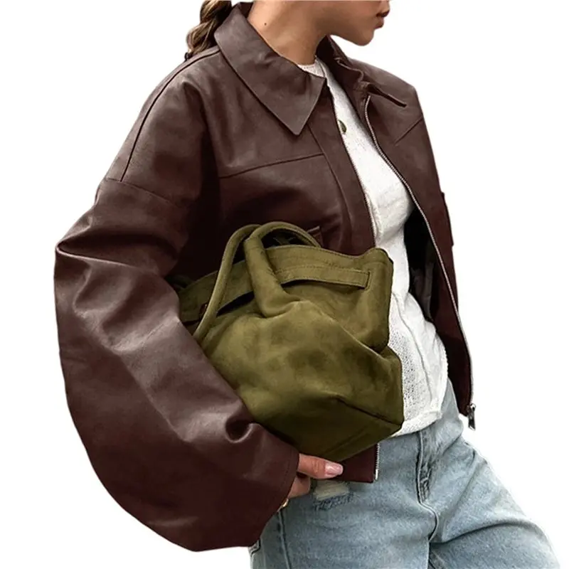 CYL-Chaqueta de motocicleta de piel sintética para mujer, chaquetas recortadas con cremallera y bolsillos a la moda, abrigo, prendas de vestir exteriores