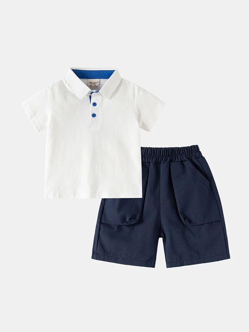 2026 New Summer Kids Clothes Set 2-6T Solid Color Loose Children Leisure Suit 2PCS Minimalist Boys Polo Shirt +Shorts